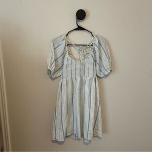 Cotton On Blue and White Striped Smocked Puff Sleeve Tie Back Dress Small